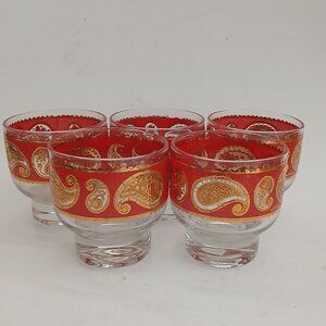 Culver Paisley 22KT Lowball Cocktail Rocks Glasses Gold Red 3” Set 5 MCM Barware